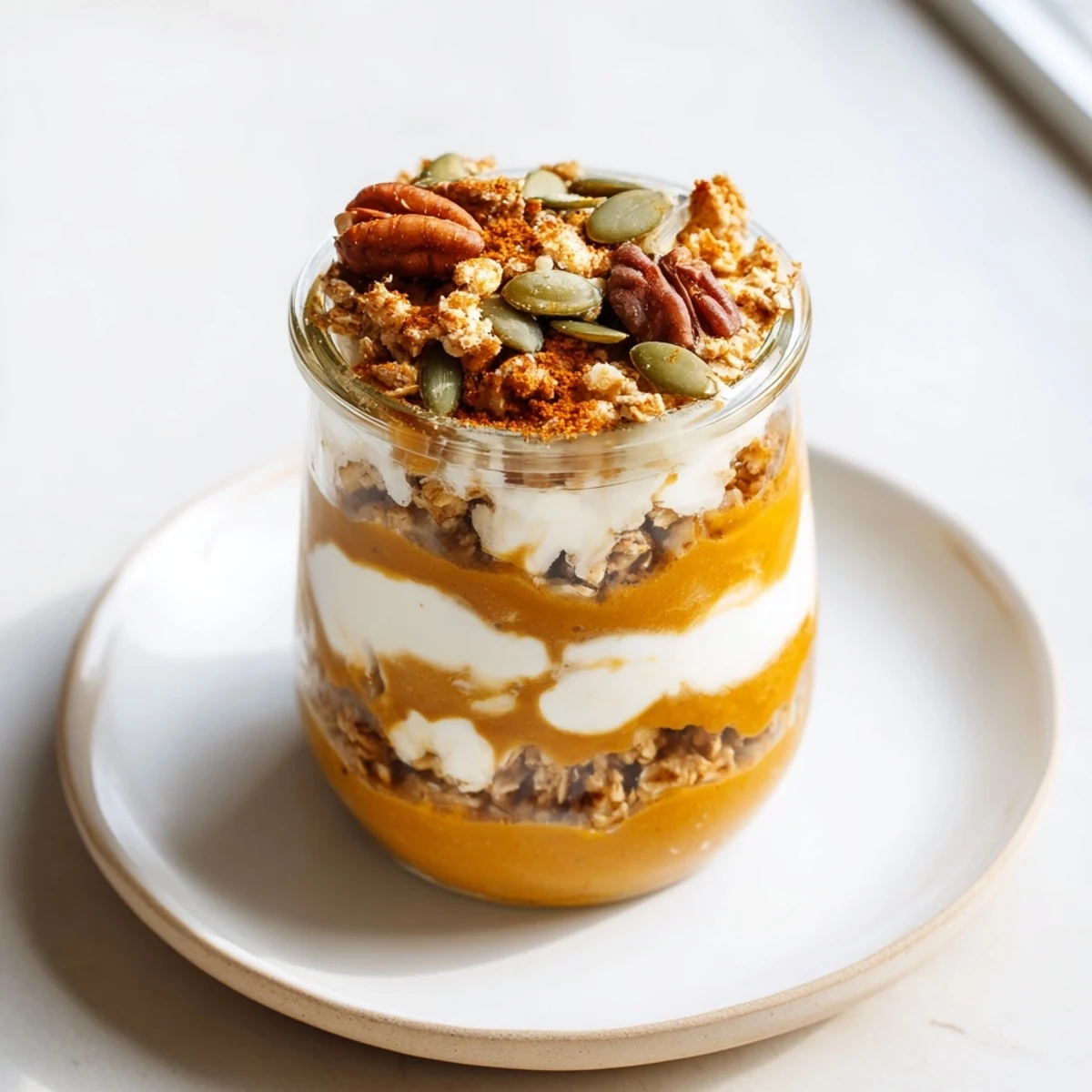 A tall glass of pumpkin yogurt parfait, garnished with seeds, perfect for a quick autumn dessert.