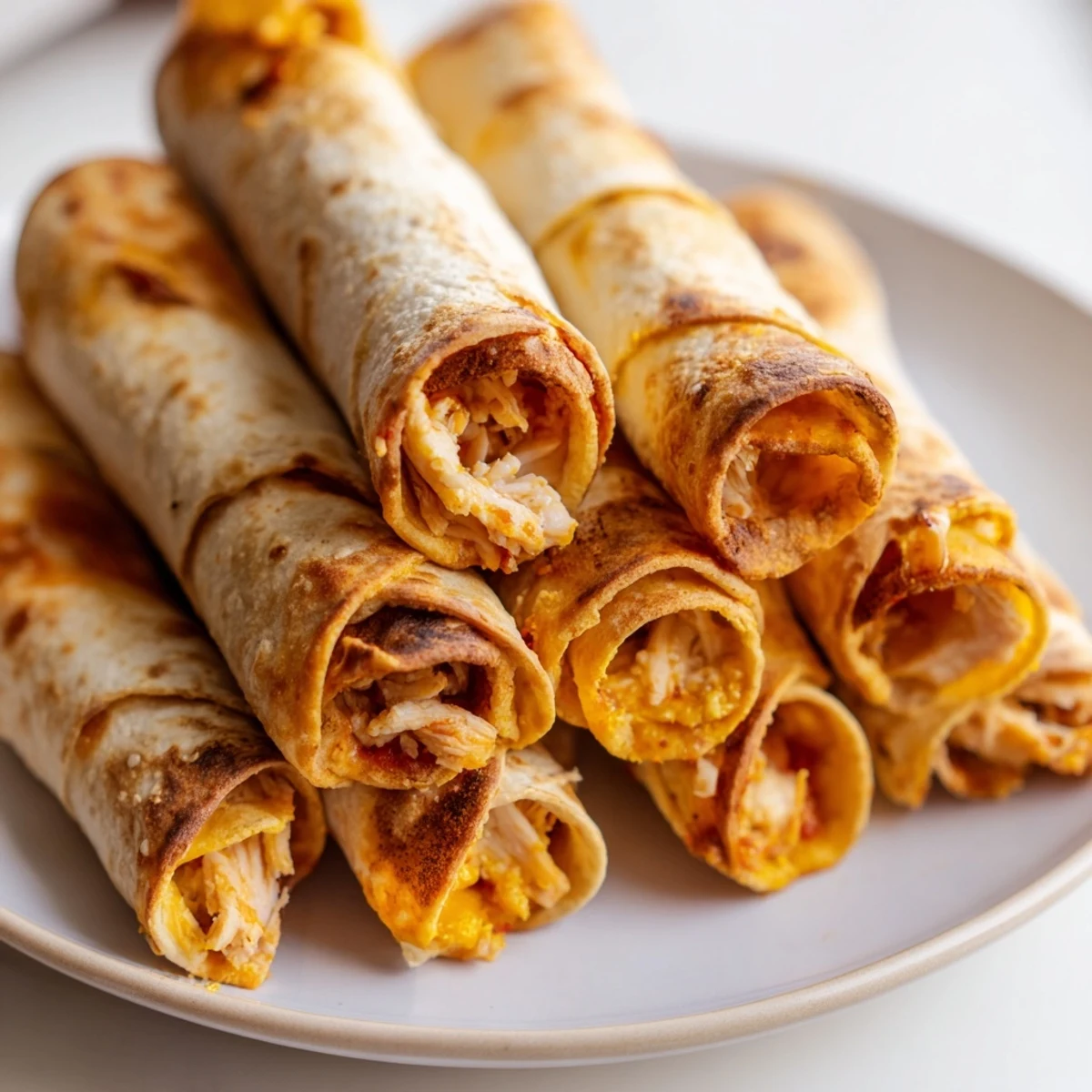 Crispy Air Fryer Taquitos: Golden brown tortillas overflowing with seasoned chicken and cheese, ready to eat.