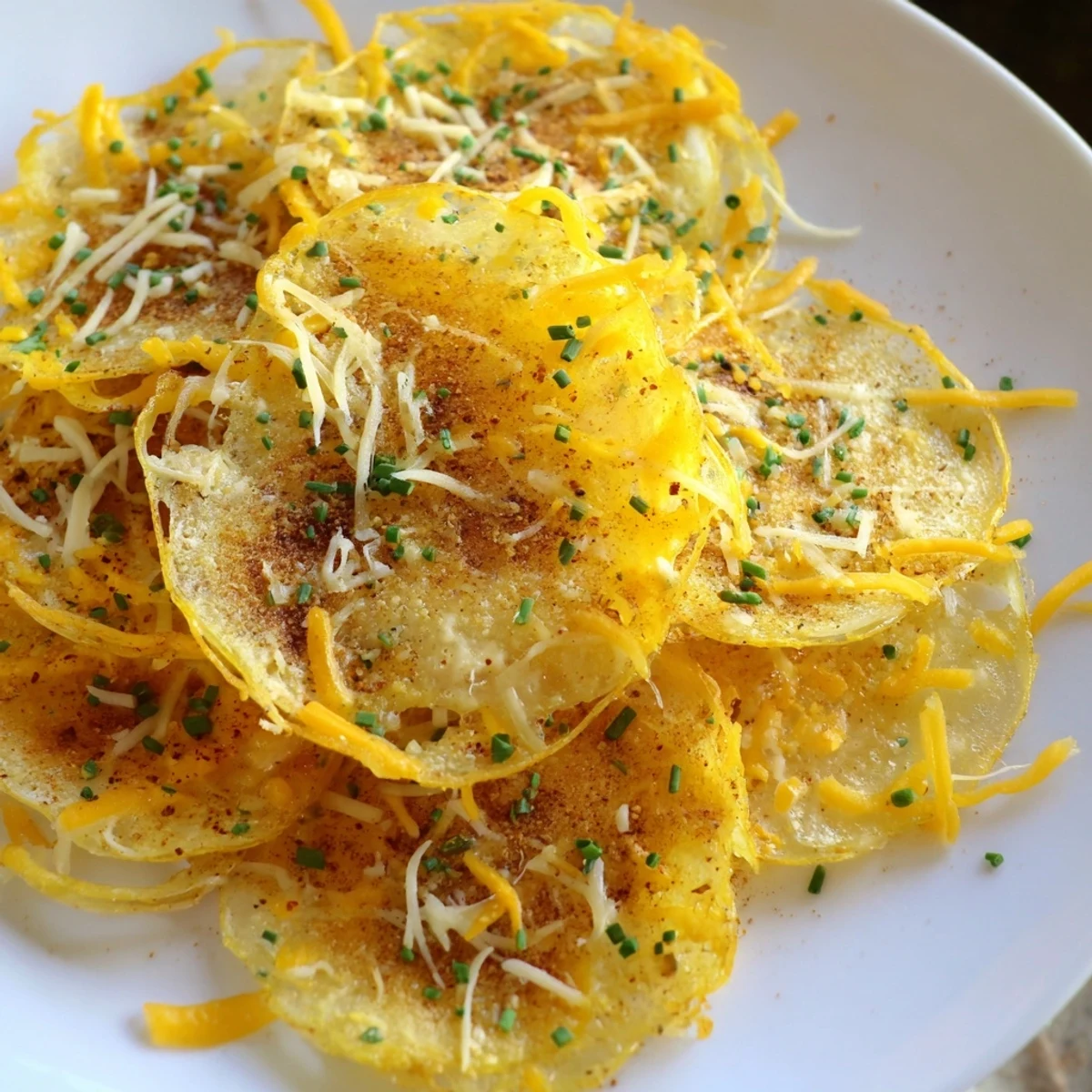 Air-fried crispy onion cheese chips, featuring browned onions and bubbly cheddar, ready to serve.