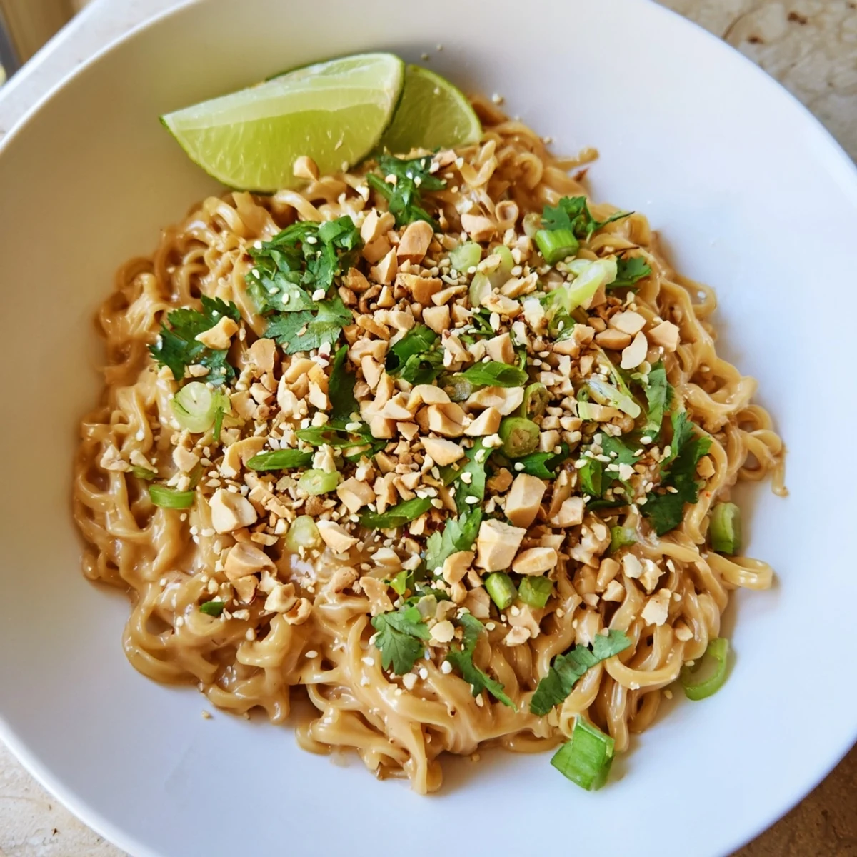 Steaming bowl of Instant Peanut Thai Sauce Noodles, garnished with fresh cilantro and crunchy peanuts.