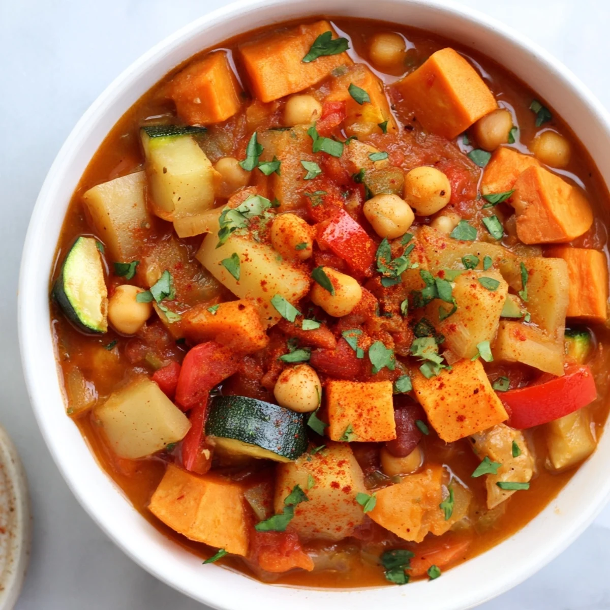 Steaming bowl of Hearty Vegan Sweet Potato Stew, filled with vibrant vegetables and rich tomato broth.