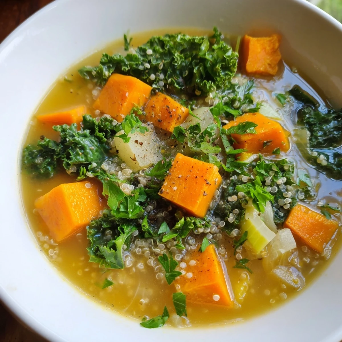 Steaming bowl of Nourishing Winter Veggie Soup, vibrant colors and a rich, savory aroma.