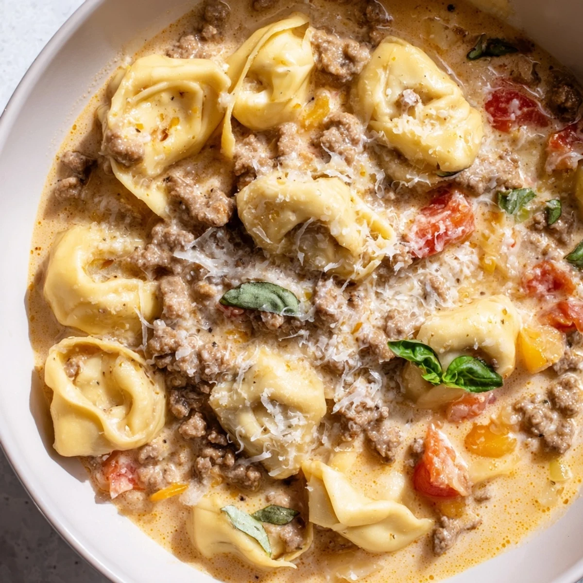 Hearty Tortellini Beef Soup, rich with ground beef and cheese tortellini, steaming fragrantly in a Dutch oven.