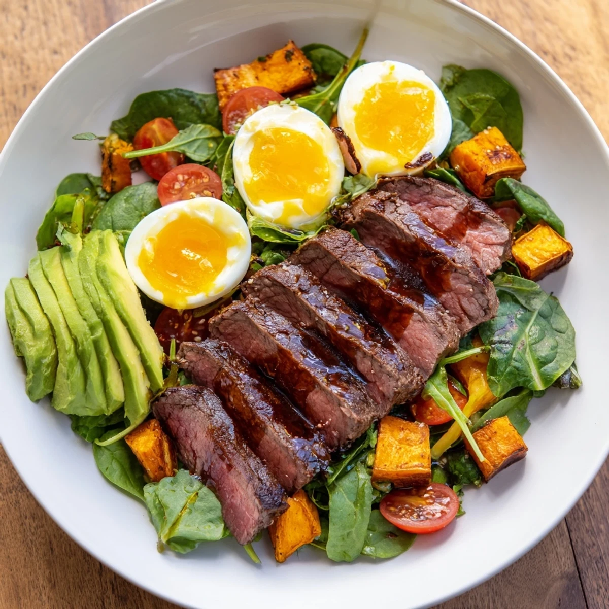 Tender beef slices grace this High-Protein Beef Avocado Bowl, alongside creamy avocado and roasted sweet potato.