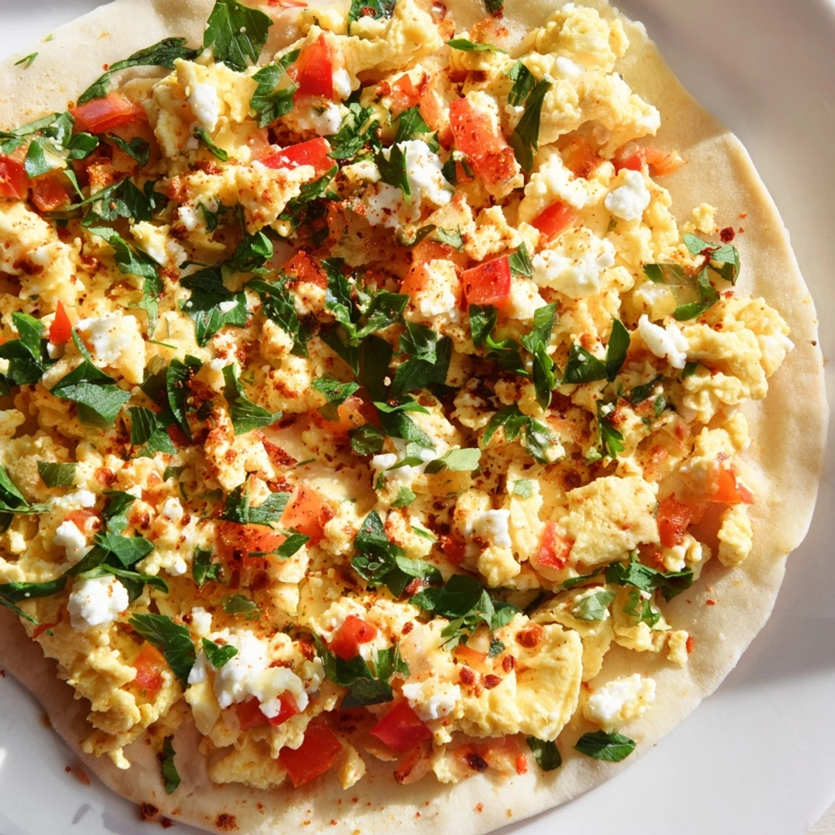 Golden, bubbly Turkish Menemen Eggs Pizza, with a vibrant topping, ready to slice and enjoy.