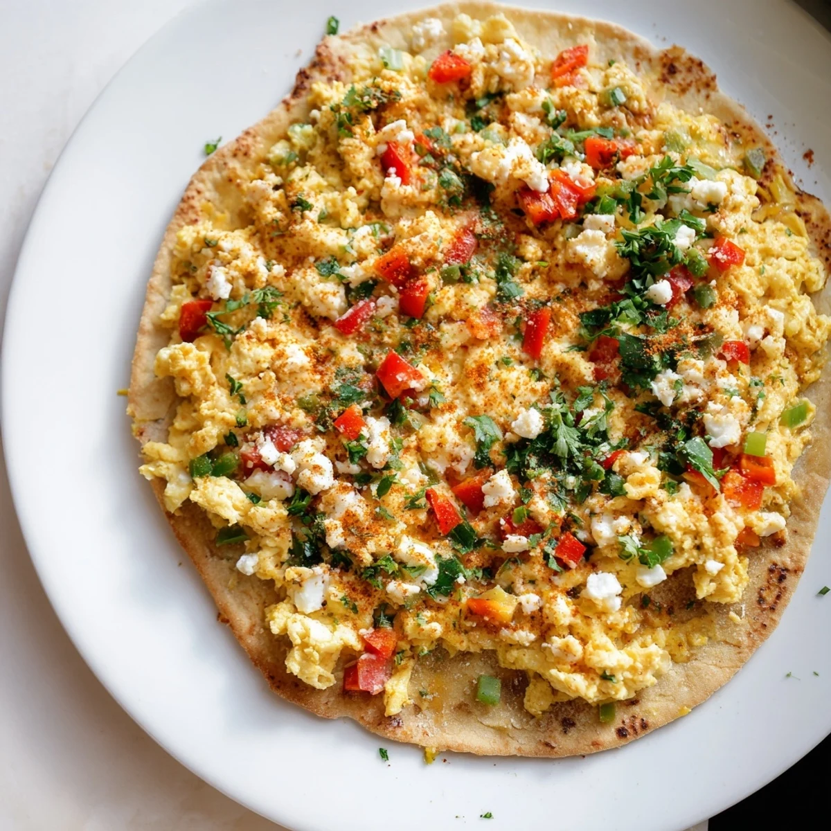 A close-up shot of the savory Turkish Menemen Eggs Pizza, showing its crispy crust and creamy eggs.