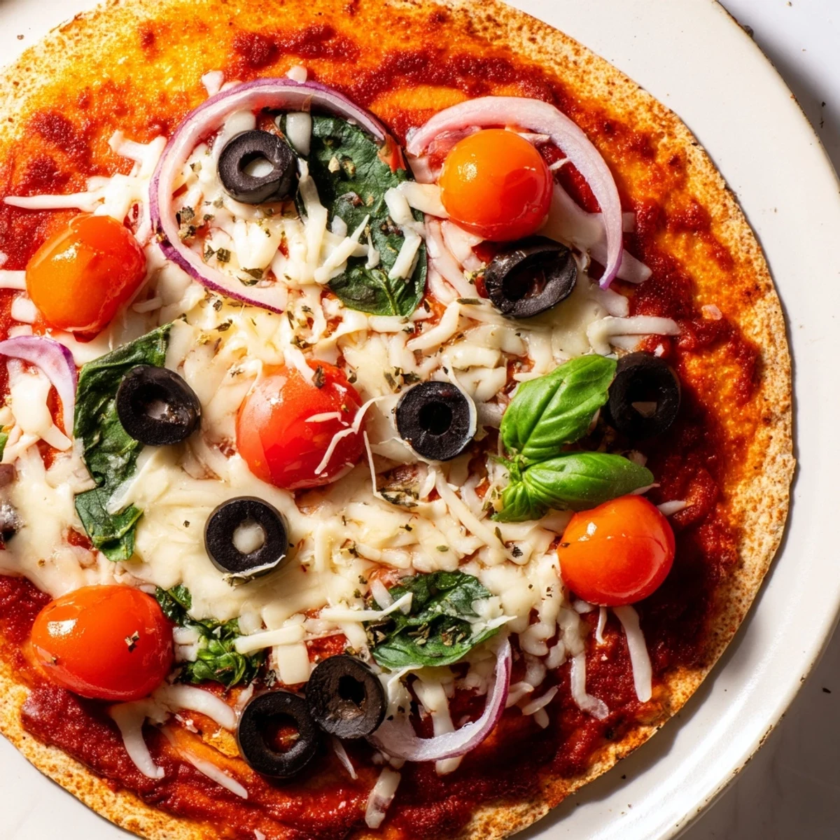 Close-up of a perfectly cooked crispy tortilla pizza showcasing the golden, bubbling, cheesy goodness.