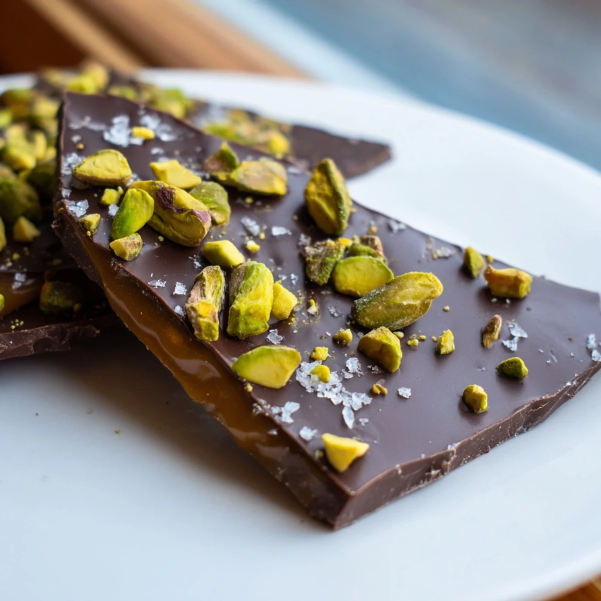 A close-up of Pistachio Salted Caramel Bark showcases the decadent layers with crunchy pistachios.