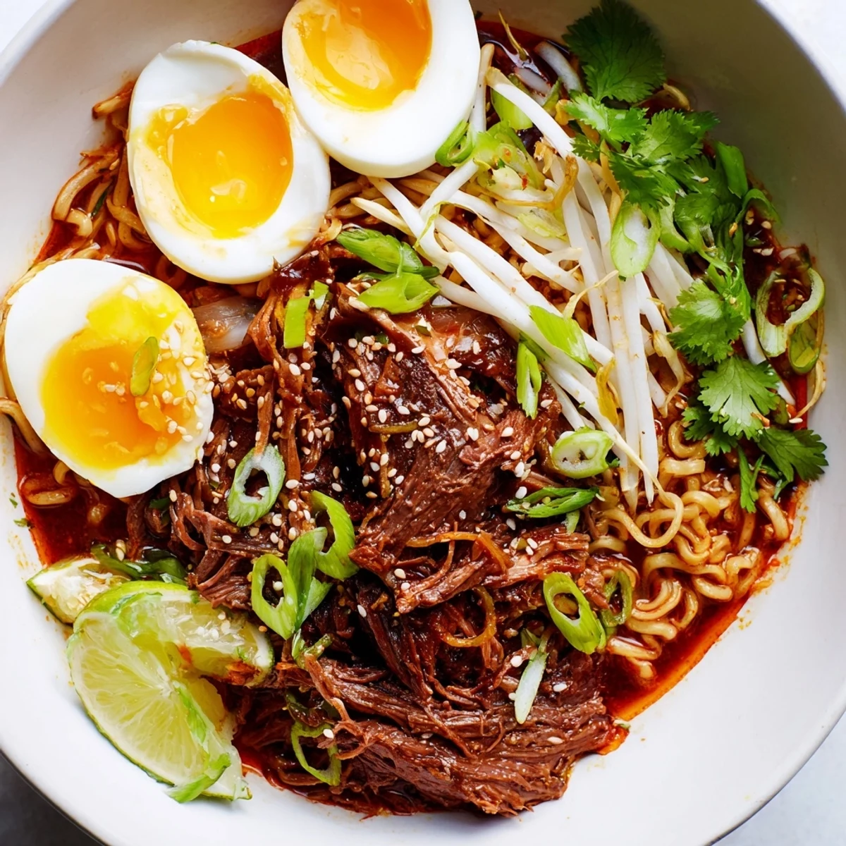 This vibrant photo displays delicious Chaos Cooking Birria Ramen; it's a flavorful, comforting meal.