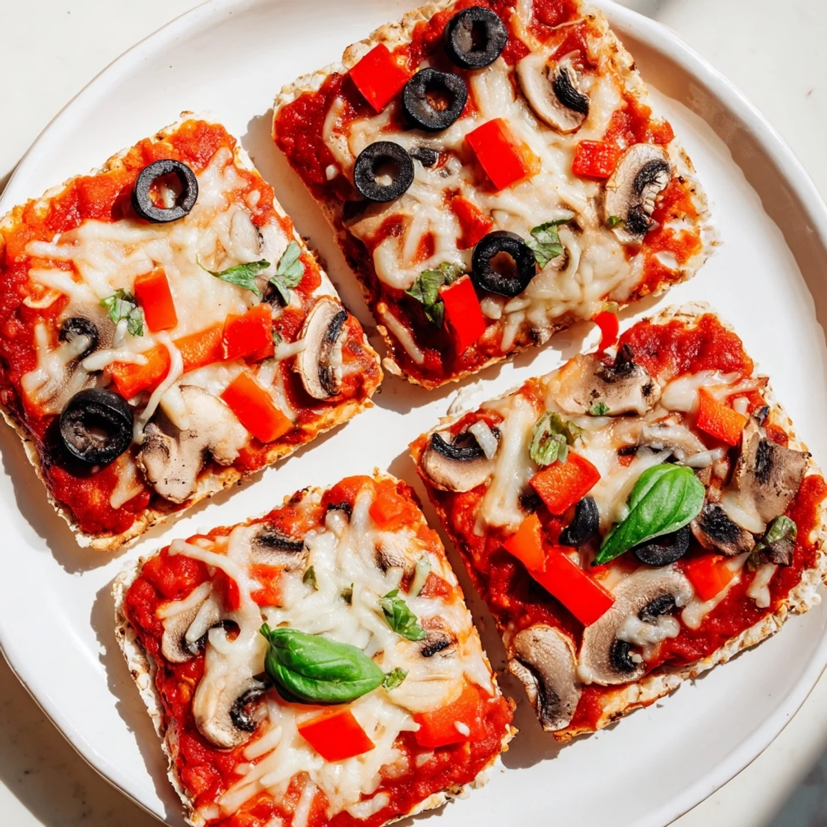 Mouthwatering Rice Cake Pizza Squares showcase bubbling mozzarella, savory sauce, and vibrant vegetable toppings.