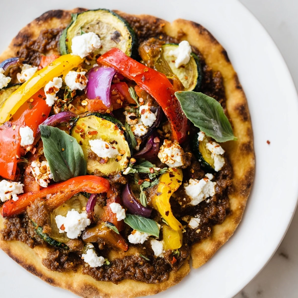 Naan Bread Pizza with roasted vegetables, feta, and olive tapenade, a delicious dish.