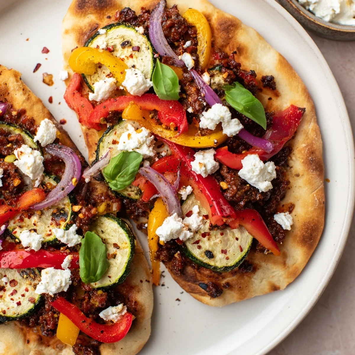 A colorful Naan Bread Pizza, loaded with toppings and bubbly cheese, ready to eat.