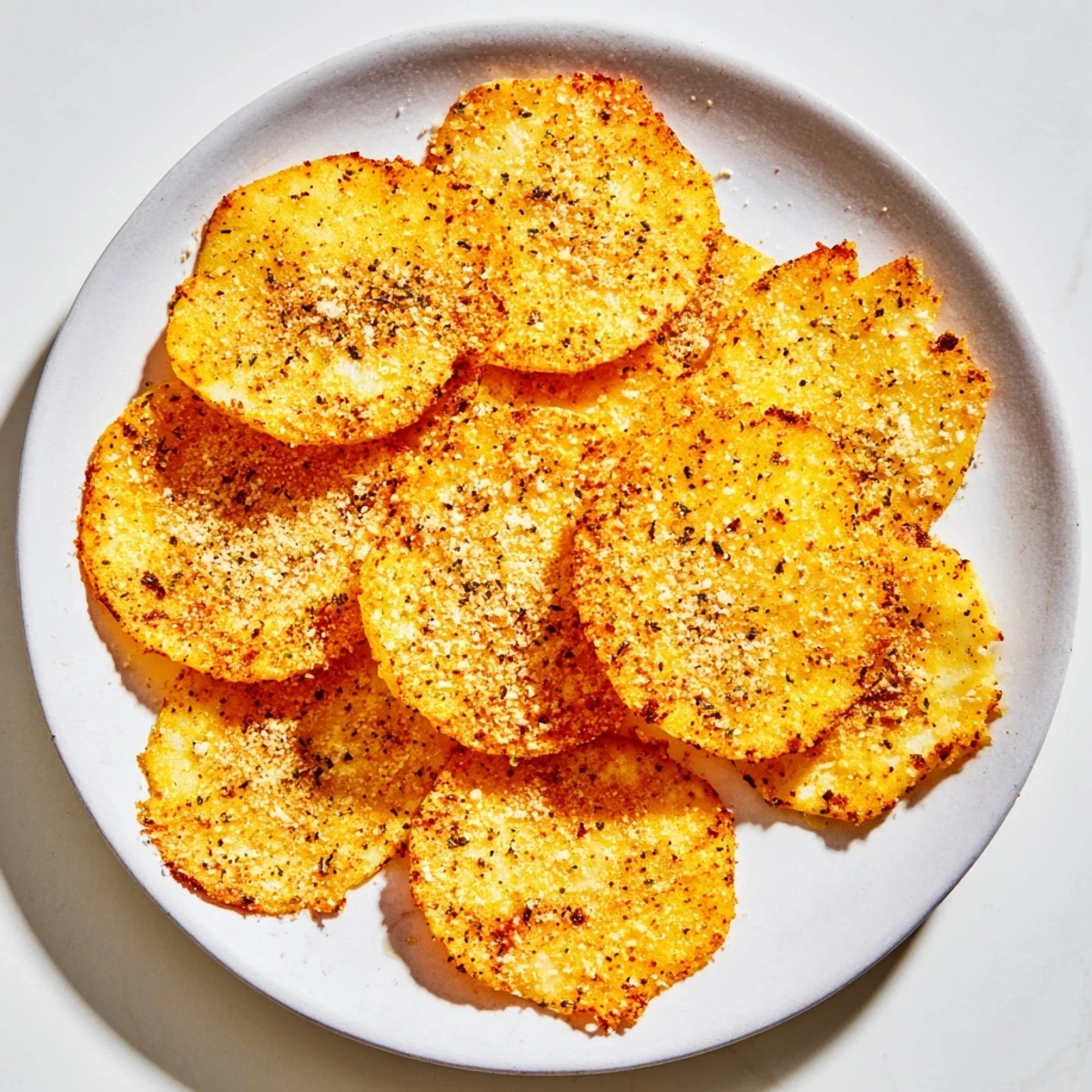 Golden-brown cottage cheese chips, seasoned and crispy, perfect for a high-protein snack right from the oven.