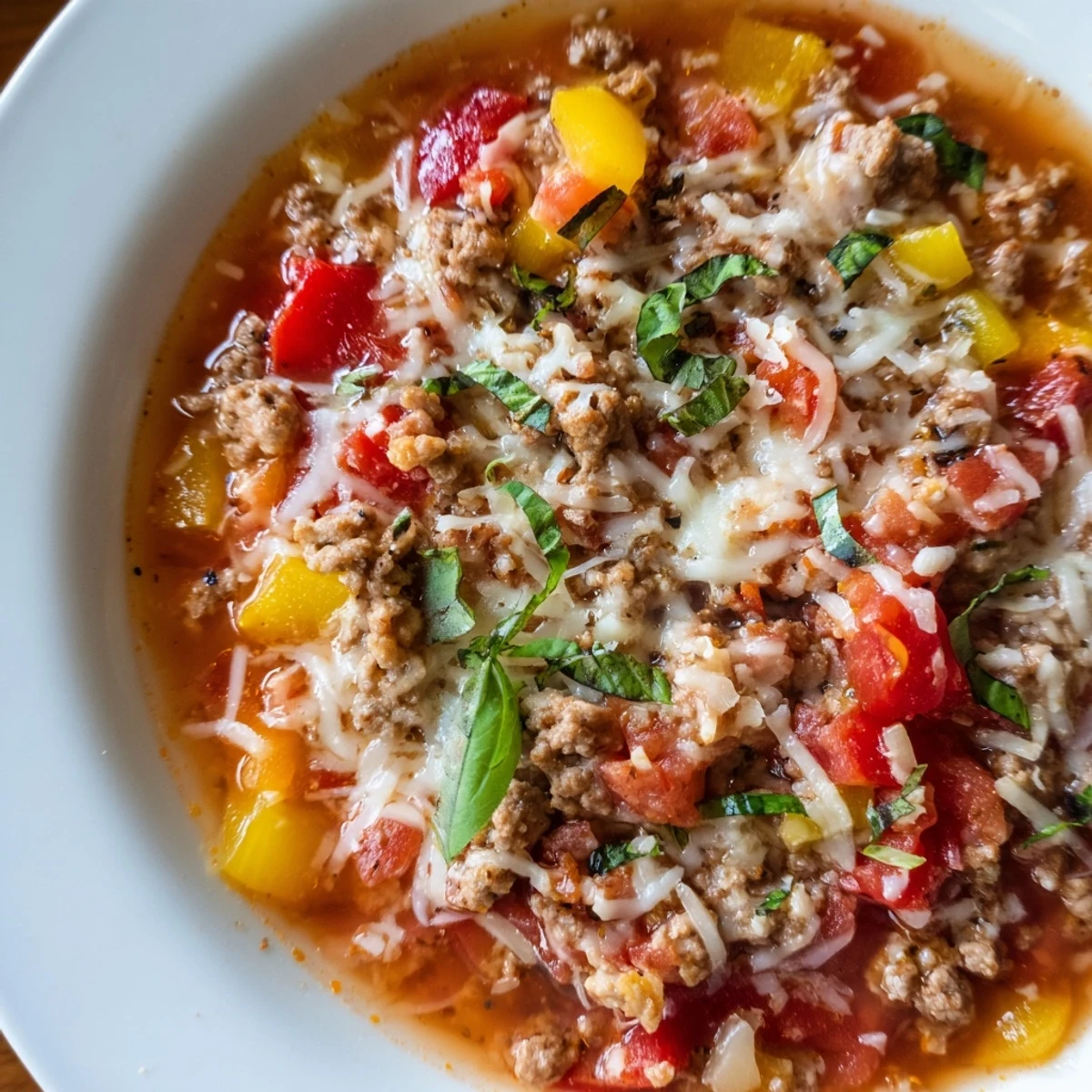 Hearty Pizza Soup with sausage and veggies, topped with gooey cheese, perfect for chilly evenings.