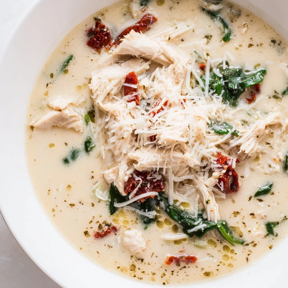 A pot of simmering Tuscan Chicken Soup with tender shredded chicken, vibrant spinach, and creamy herb-infused broth.  