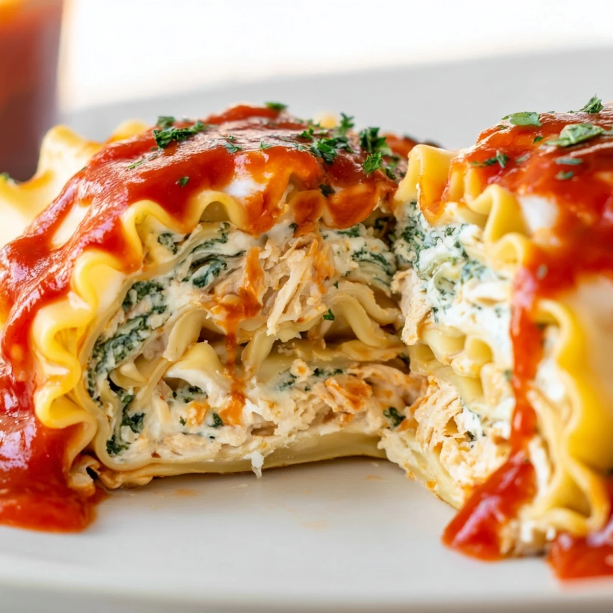 Close-up view of a golden, bubbly Chicken and Spinach Lasagna Roll slice revealing layers of hearty filling and melted cheese.