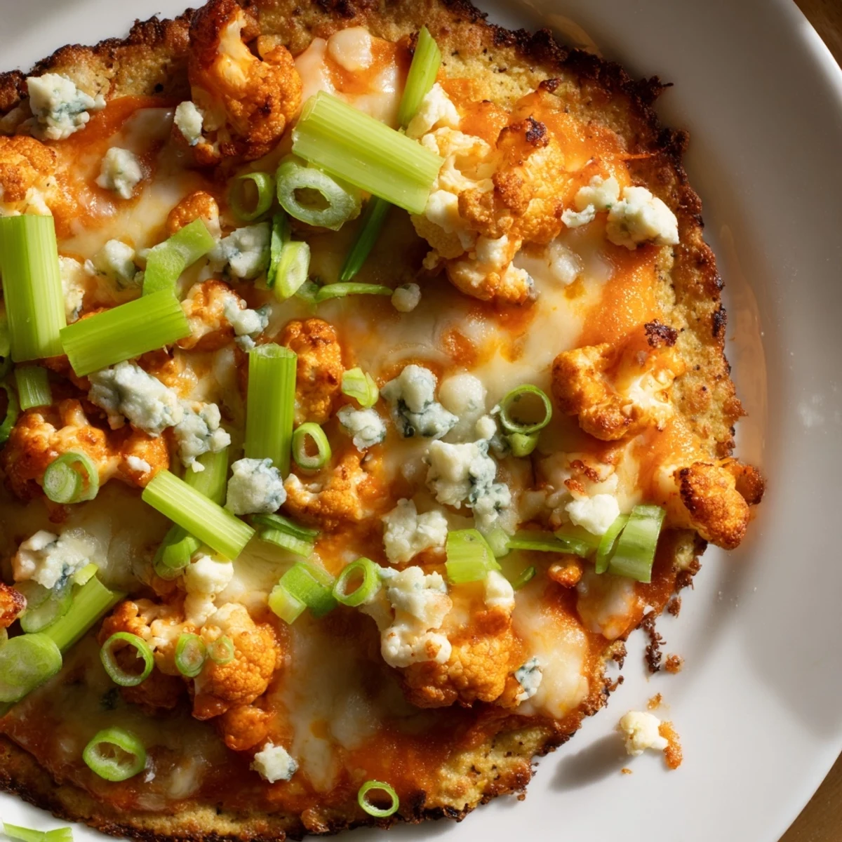 A close-up of a hot Buffalo Cauliflower Pizza with bubbly cheese, celery, and blue cheese crumbles ready to serve.