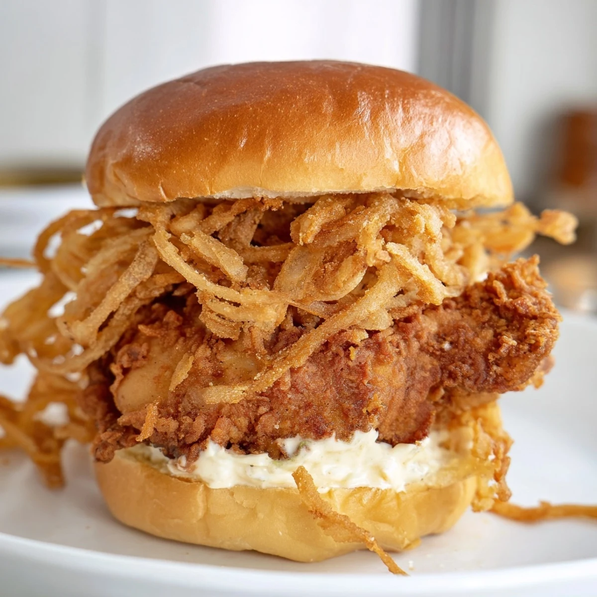 A juicy buttermilk-marinated chicken sandwich stacked with crispy onions and lettuce on a buttery brioche bun.