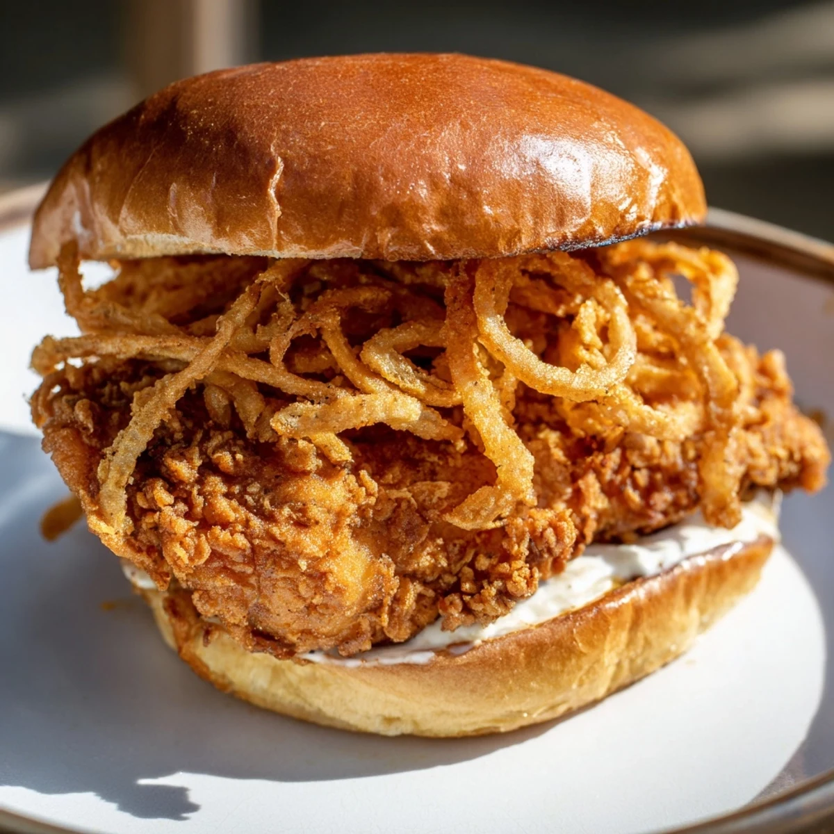 Homemade Crispy Onion Chicken Sandwich with golden fried onions, creamy aioli, and tender chicken on a soft bun.