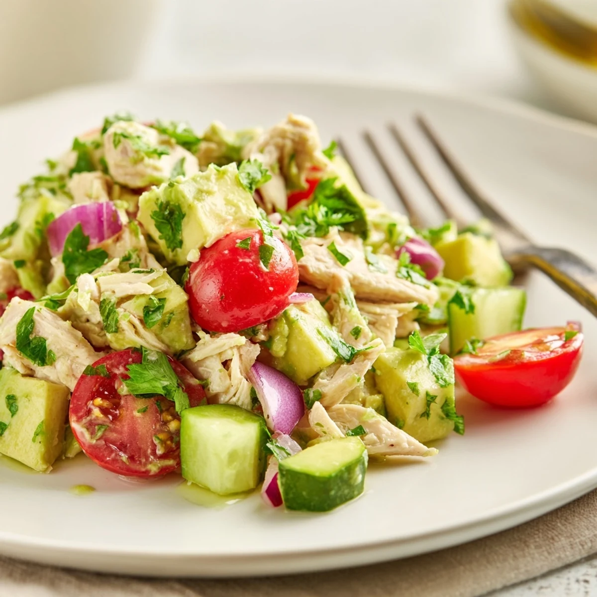 Homemade avocado chicken salad featuring ripe avocado chunks, herbs, and juicy tomatoes, ready for lettuce cups or toast.