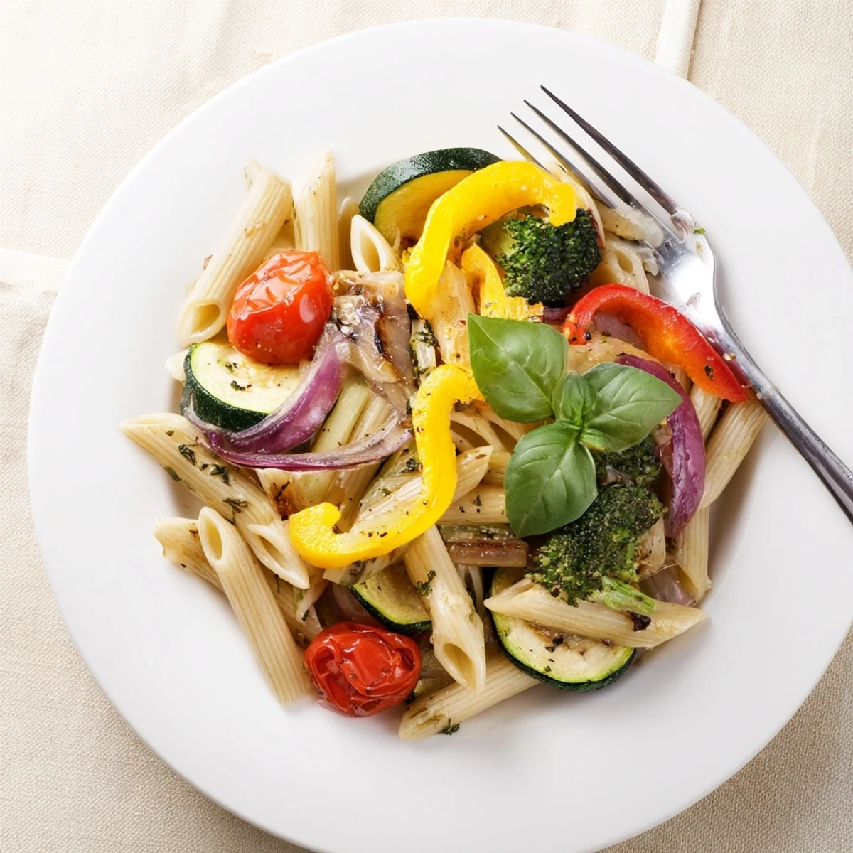 A close-up of vibrant Pasta Primavera, showcasing roasted zucchini, bell peppers, and cherry tomatoes tossed with al dente pasta and fresh basil.