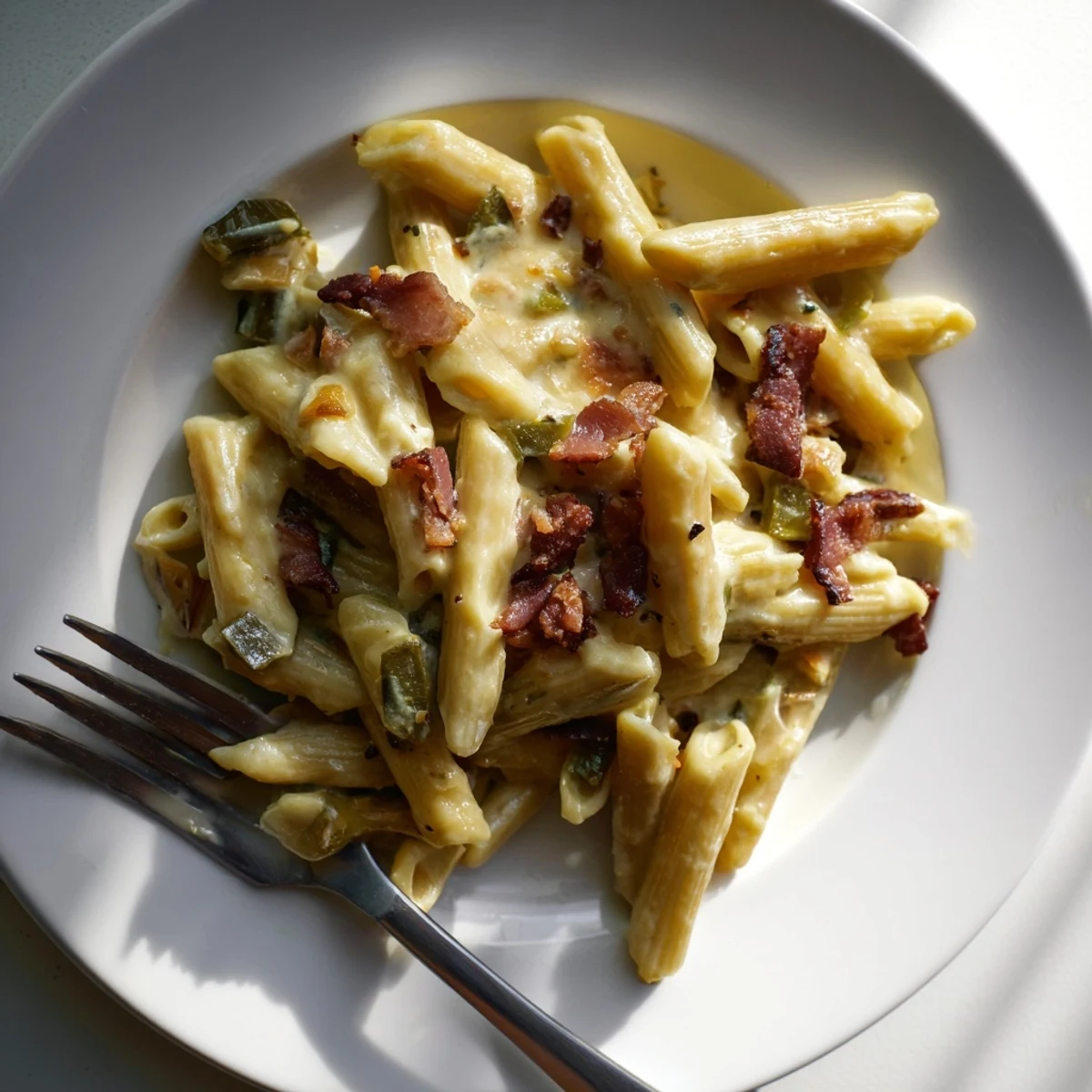Creamy Jalapeño Popper Pasta is plated with crispy bacon bits, charred jalapeño slices, and a golden breadcrumb topping for a spicy, cheesy comfort meal.