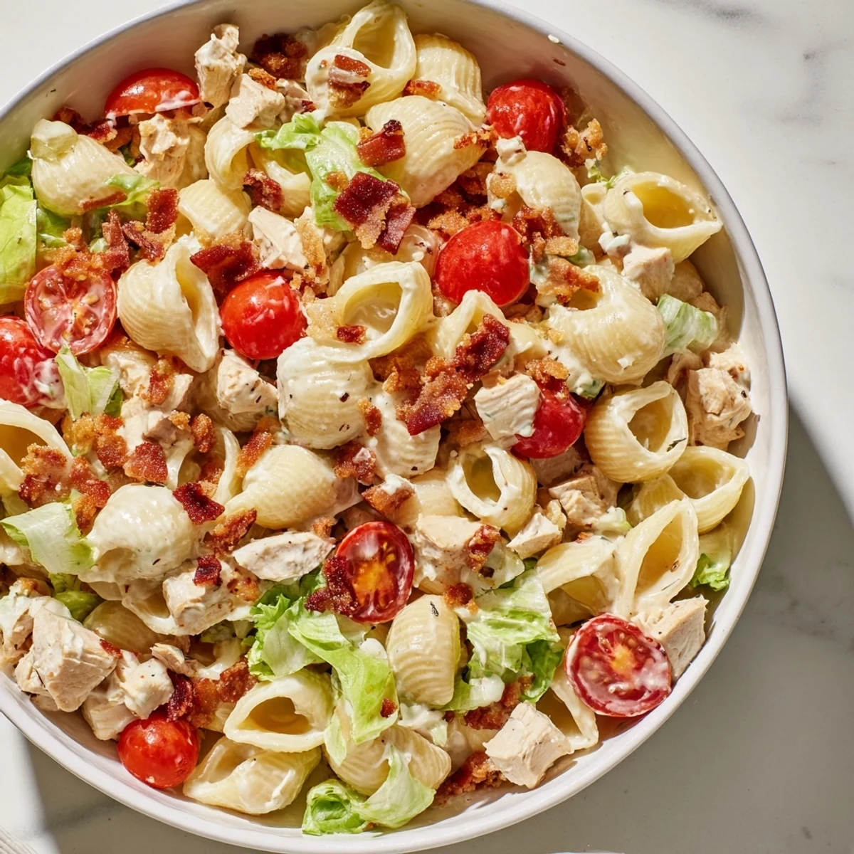 Bright, close-up shot of BLT Chicken Pasta Salad in a white bowl, showcasing tender pasta shells, diced grilled chicken, crisp romaine, and halved cherry tomatoes.  