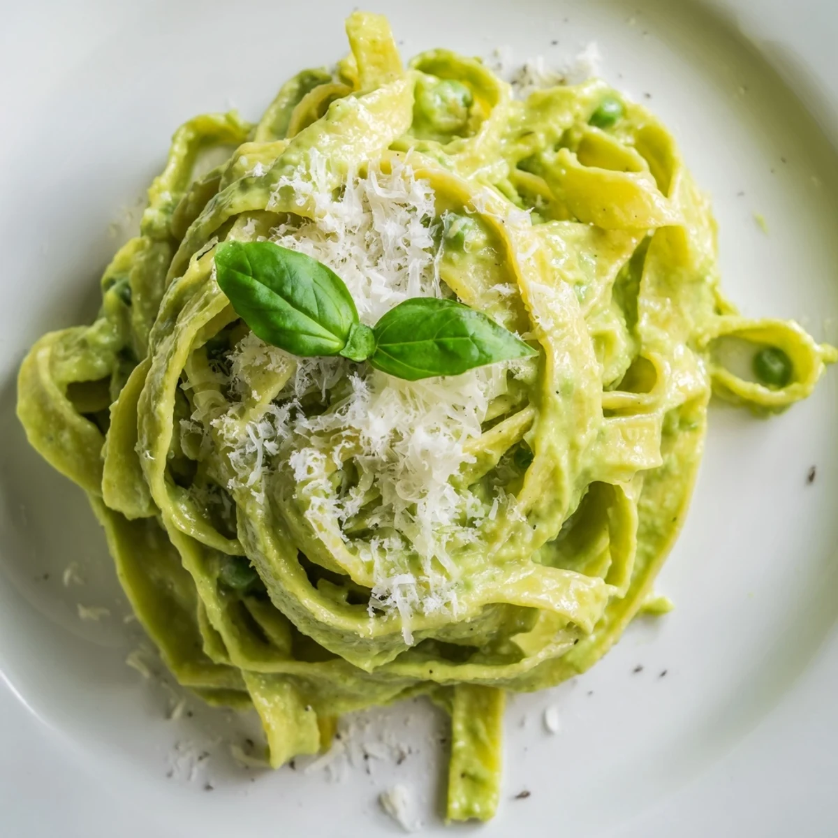Creamy Green Pea Alfredo pasta coated in a vibrant green sauce, topped with fresh basil and Parmesan, served in a white bowl.