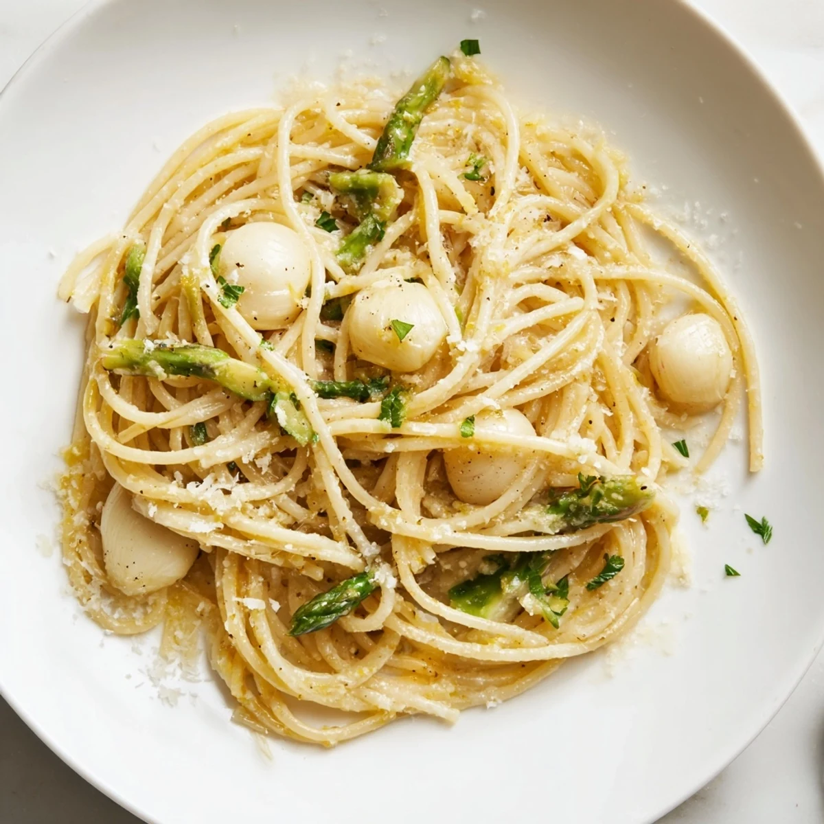 Golden roasted garlic and crisp asparagus tossed with al dente spaghetti and Parmesan in a skillet.  