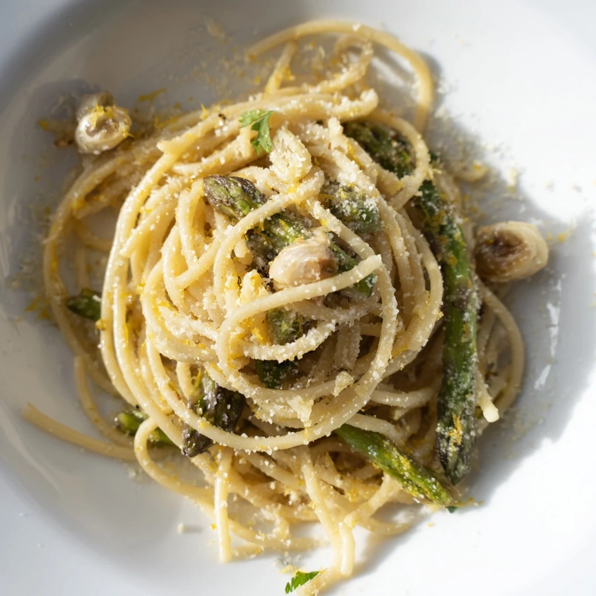 Roasted Garlic & Asparagus Pasta is garnished with fresh parsley and lemon zest for bright flavor.  