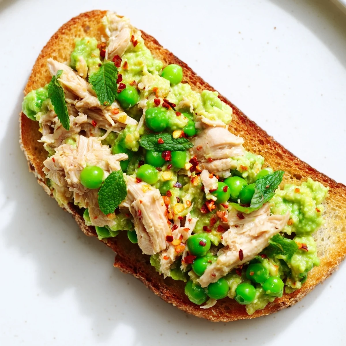A warm, open-faced smashed pea and chicken toast garnished with fresh mint and crumbled feta.