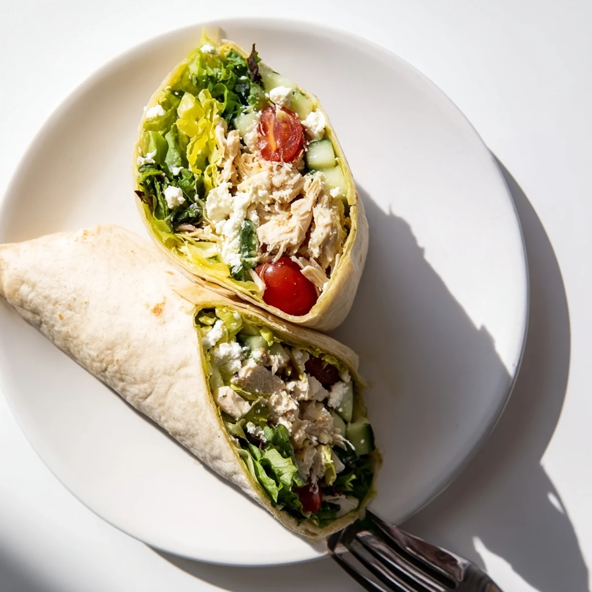 A sliced Greek Lemon Chicken Salad Wrap reveals layers of crunchy lettuce, cherry tomatoes, and tangy feta inside.