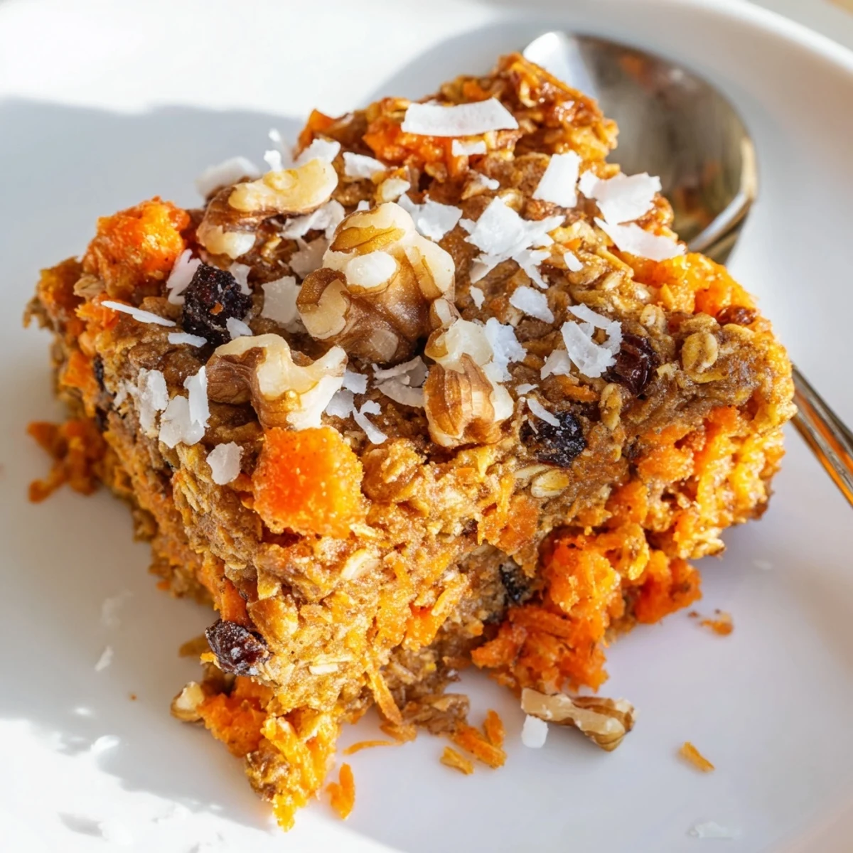 Hearty slice of Carrot Cake Baked Oatmeal served warm on a wooden board, revealing moist texture with flecks of grated carrot and chopped walnuts.