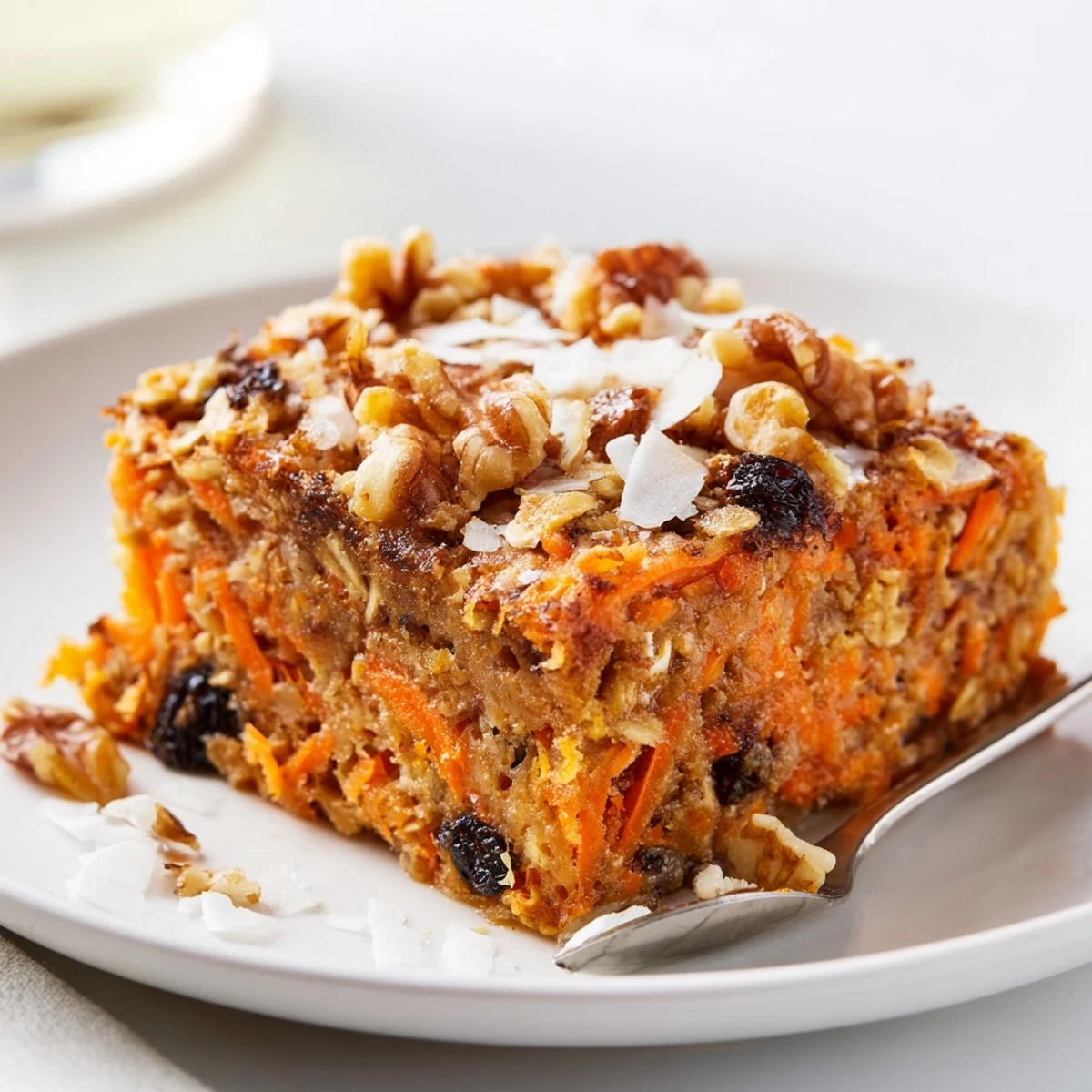 Freshly baked Carrot Cake Baked Oatmeal cooling on a wire rack, featuring a golden-brown top and cinnamon-dusted surface for a cozy breakfast presentation.