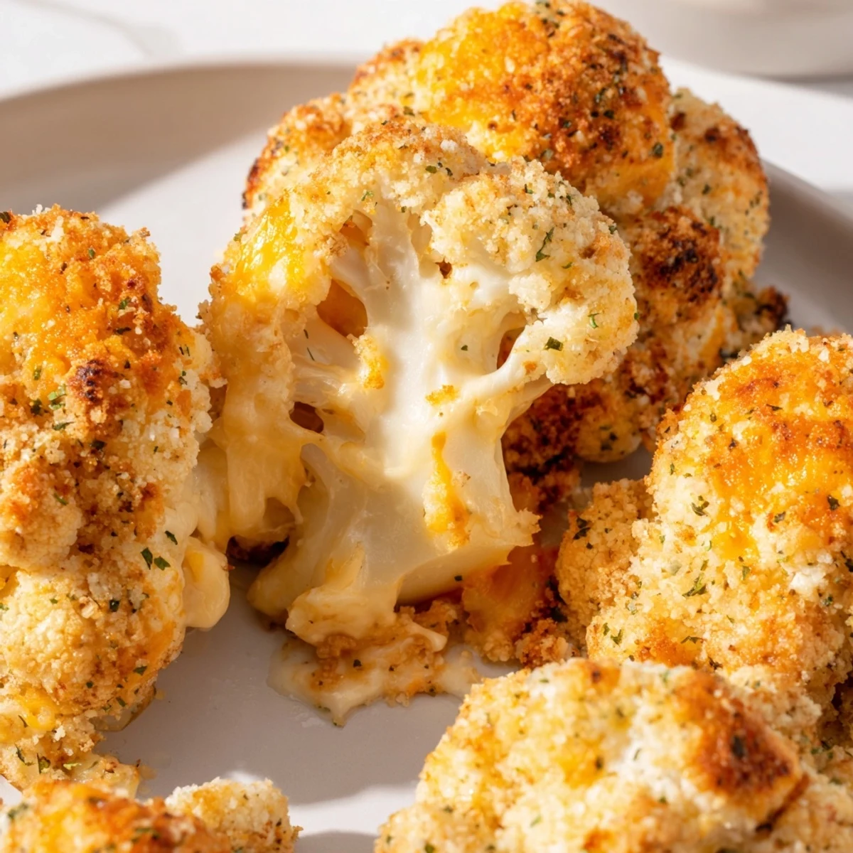 A whole roasted Cheesy Stuffed Cauliflower Head, golden and bubbly, sliced to reveal a creamy, savory cheese filling inside.