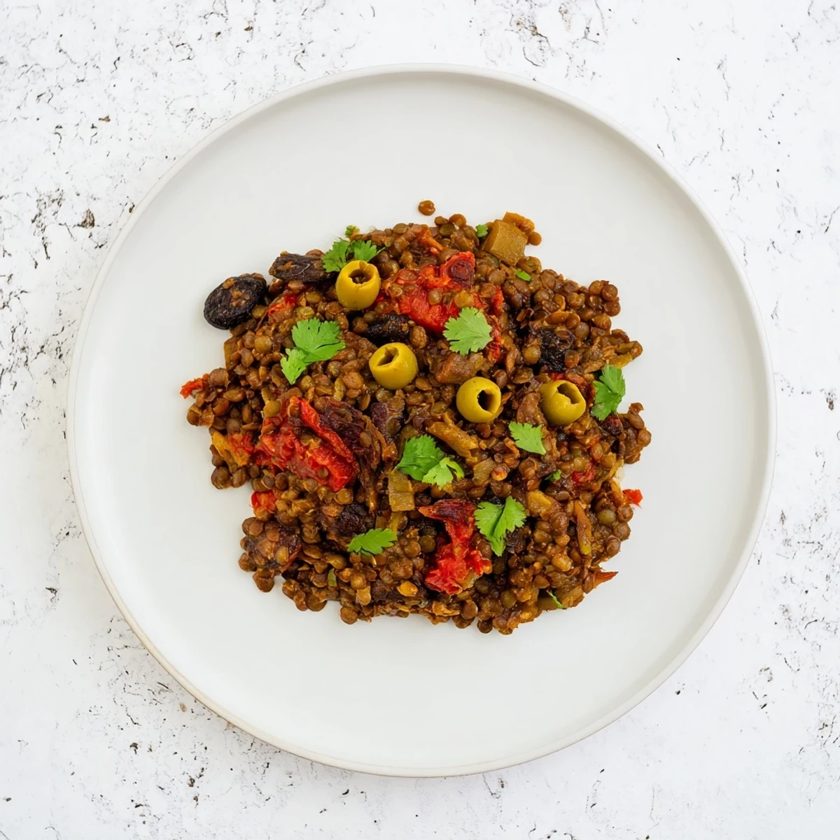A vibrant skillet of Cuban-Inspired Lentil Picadillo features tender lentils, diced carrots, and a sprinkle of fresh cilantro.  