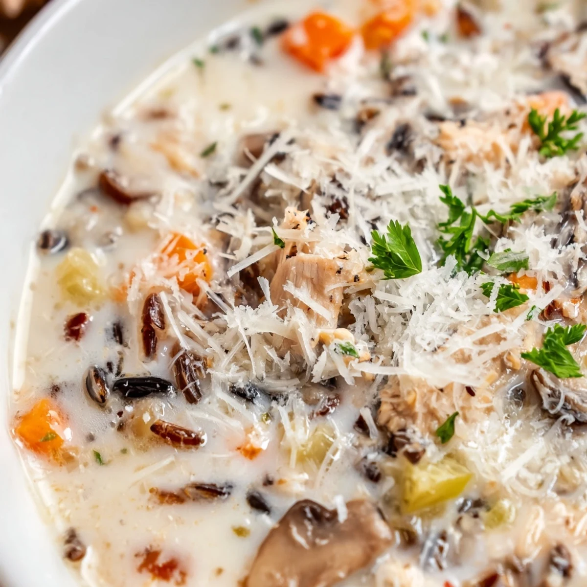 A cozy bowl of Parmesan Mushroom Chicken and Wild Rice Soup served with crusty bread, featuring tender chicken and golden mushrooms.