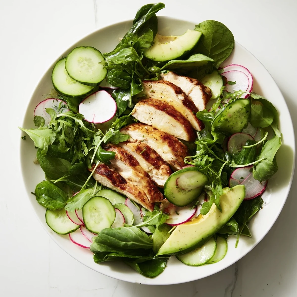 Freshly grilled chicken slices rest atop mixed greens, crisp cucumber, and peppery radish in this Spring Detox Chicken Salad, ready for a light lunch.  