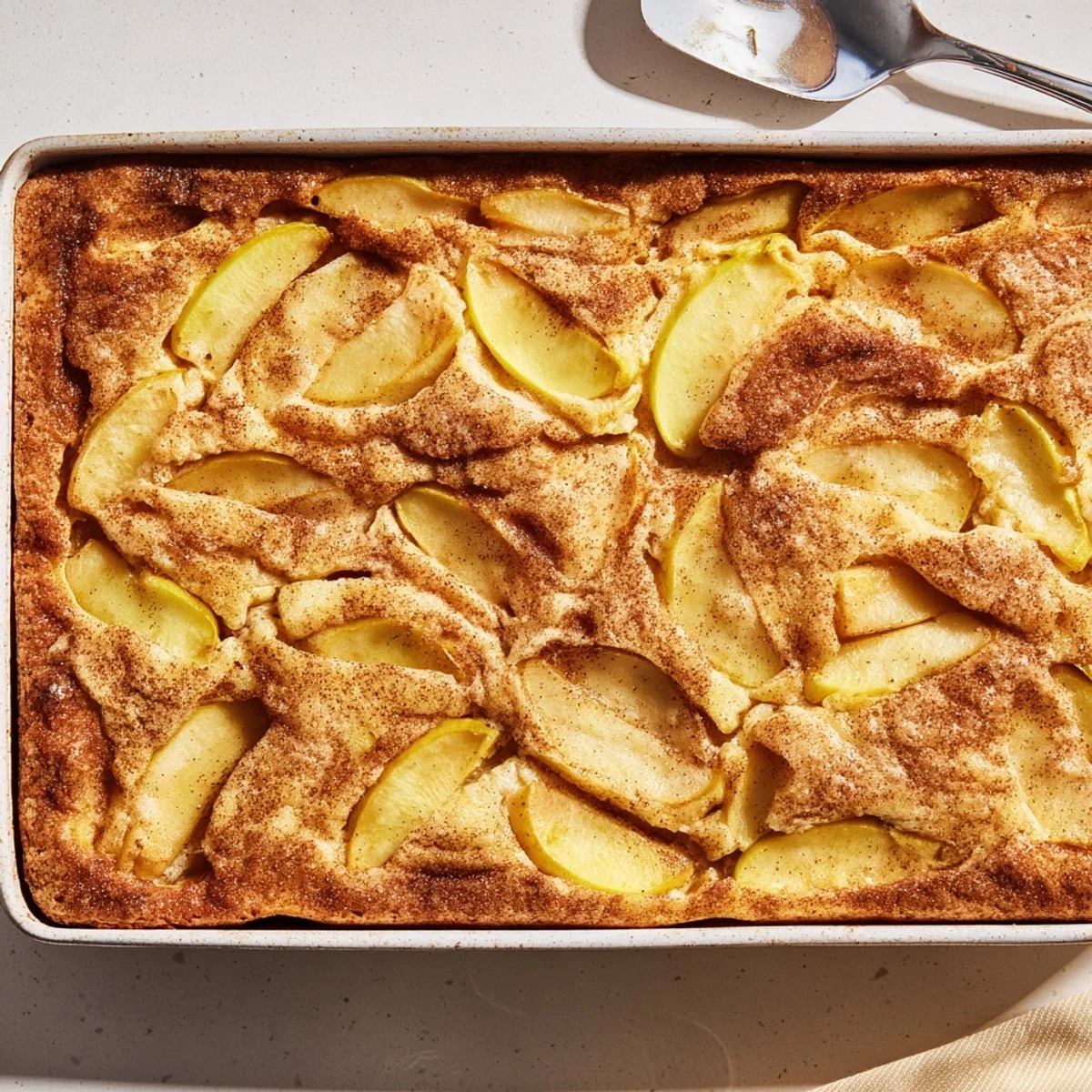 Freshly baked Dutch apple cake with tender cinnamon-spiced apples and a golden crumb topping, served fresh from the oven.
