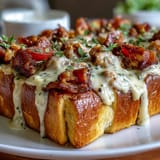 Miniature Kentucky Hot Brown sliders on brioche buns, layered with turkey, bacon, and creamy Mornay sauce, baked until golden.