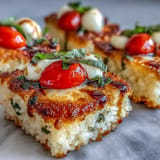 Juicy balsamic-glazed caprese bites on crunchy seared rice, a perfect party appetizer.