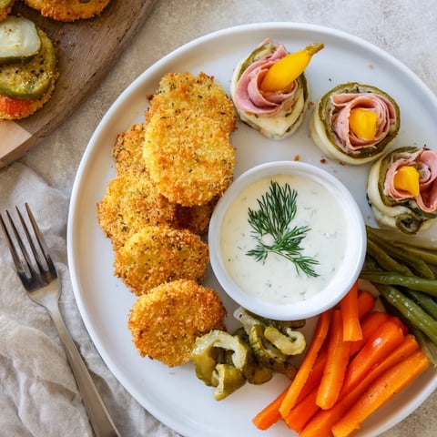 Crispy fried pickles served alongside tangy pickled vegetables in a vibrant platter.  