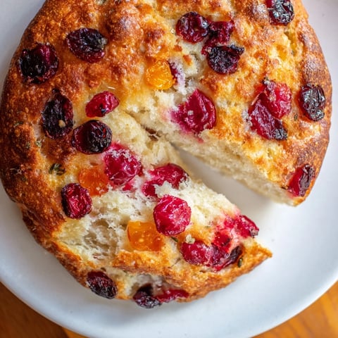 Golden-brown Cranberry Orange No-Knead Focaccia topped with bright cranberries and orange zest.
