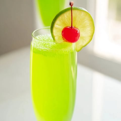 Vibrant green Quick Grinch Mimosa Mocktail, garnished with cherries and lime, ready for festive fun.