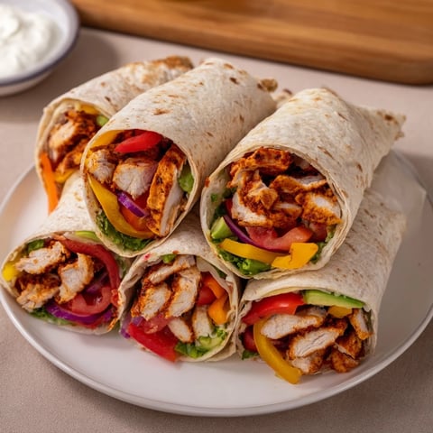 Sheet-Pan Fajita Chicken Rainbow Wraps showcase vibrant roasted bell peppers alongside tender chicken, ready to be wrapped.