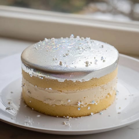 Elegant Diamond Ring Engagement Cake, glistening with a white chocolate mirror glaze and edible silver leaf.