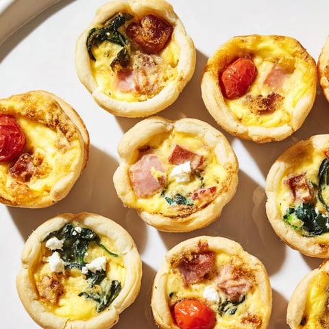 Mini Quiche Holiday Village Board: a savory, festive arrangement of golden brown mini quiches on a wooden serving board.
