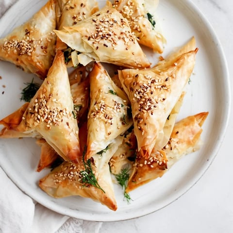 Golden-brown Mini Spanakopita Triangle Cluster: crispy phyllo filled with savory spinach and feta cheese.
