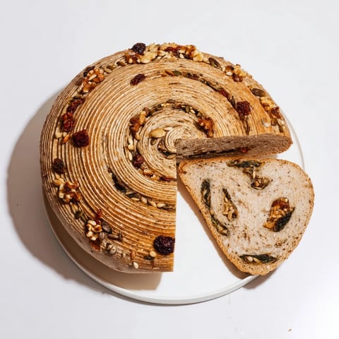 Fibonacci spiral growth bread, a rustic artisan loaf with golden-brown crust and inviting texture.