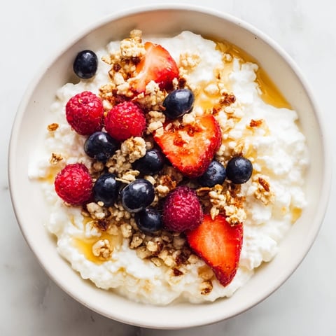 Cottage Cheese Hot Honey Bowl, a delightful breakfast: creamy cottage cheese with berries and a spicy honey drizzle.